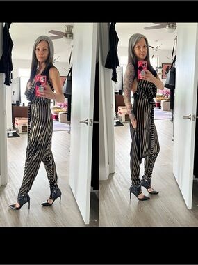 ❤️‍🔥Dressed by Dutchess Black & Metallic Gold Striped Jumpsuit Size Small